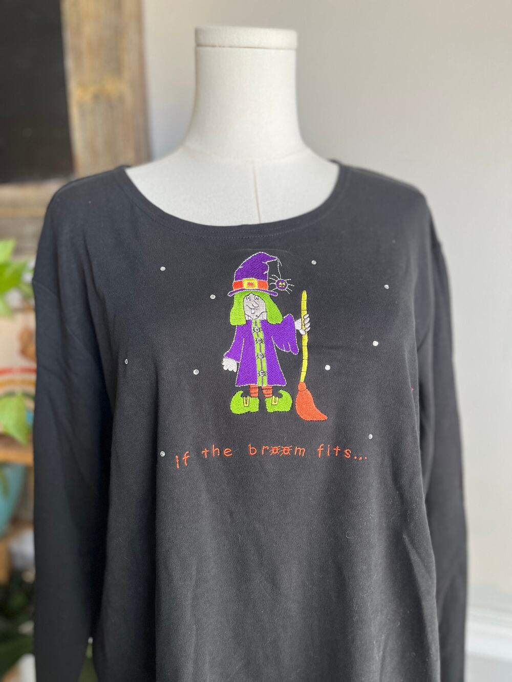 Vintage 90s Black Witch Blouse Long Sleeve Tee Size Large